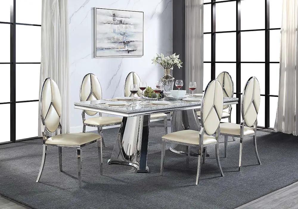 Destry - Dining Table With Engineering Stone Top & Pedestal Base - Engineering Stone Top & Mirrored Silver by Unique Piece Furniture