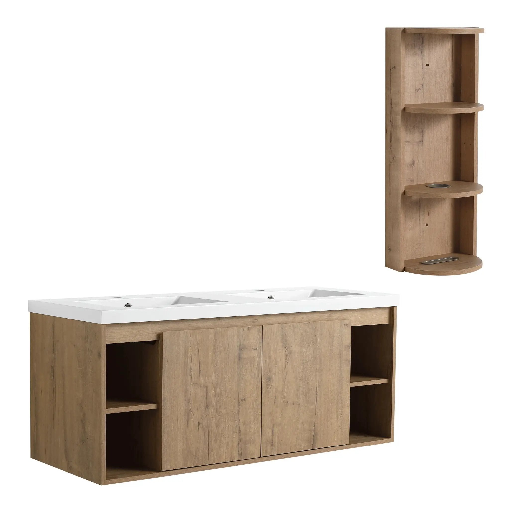 Modern 48" Wall Mounted Bathroom Vanity With Double Resin Sink And Storage Rack Soft Close Doors - Imitative Oak by HouseOfZazla