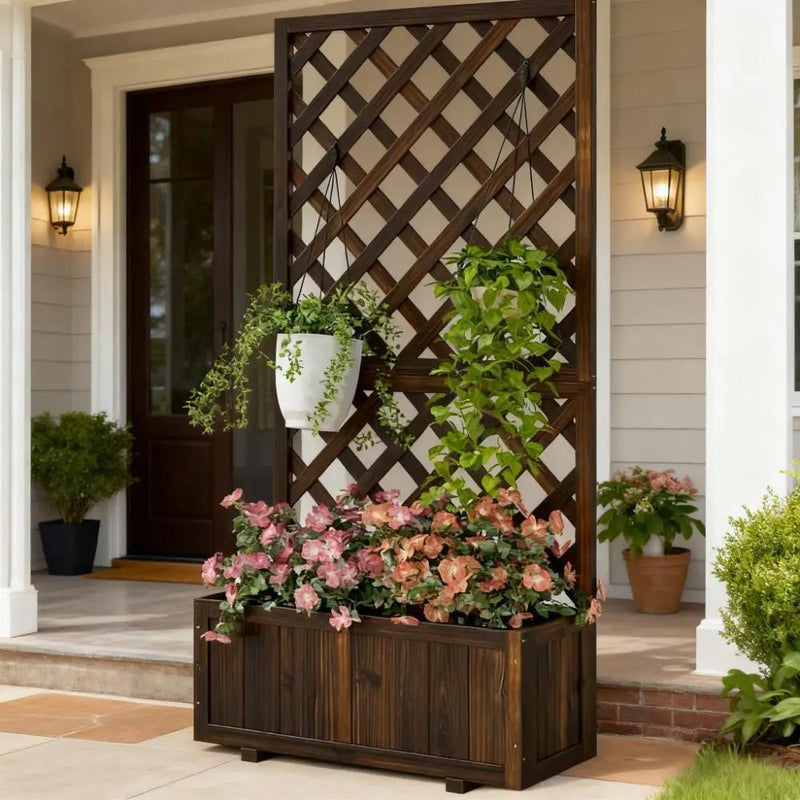 Garden Bed, Wooden Raised Garden Bed Planting Planter Box with Trellis and Drain Holes by HouseOfZazla