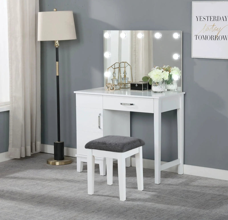 Elijah Vanity Set with Lighting & Stool White and Dark Grey by Unique Piece Furniture