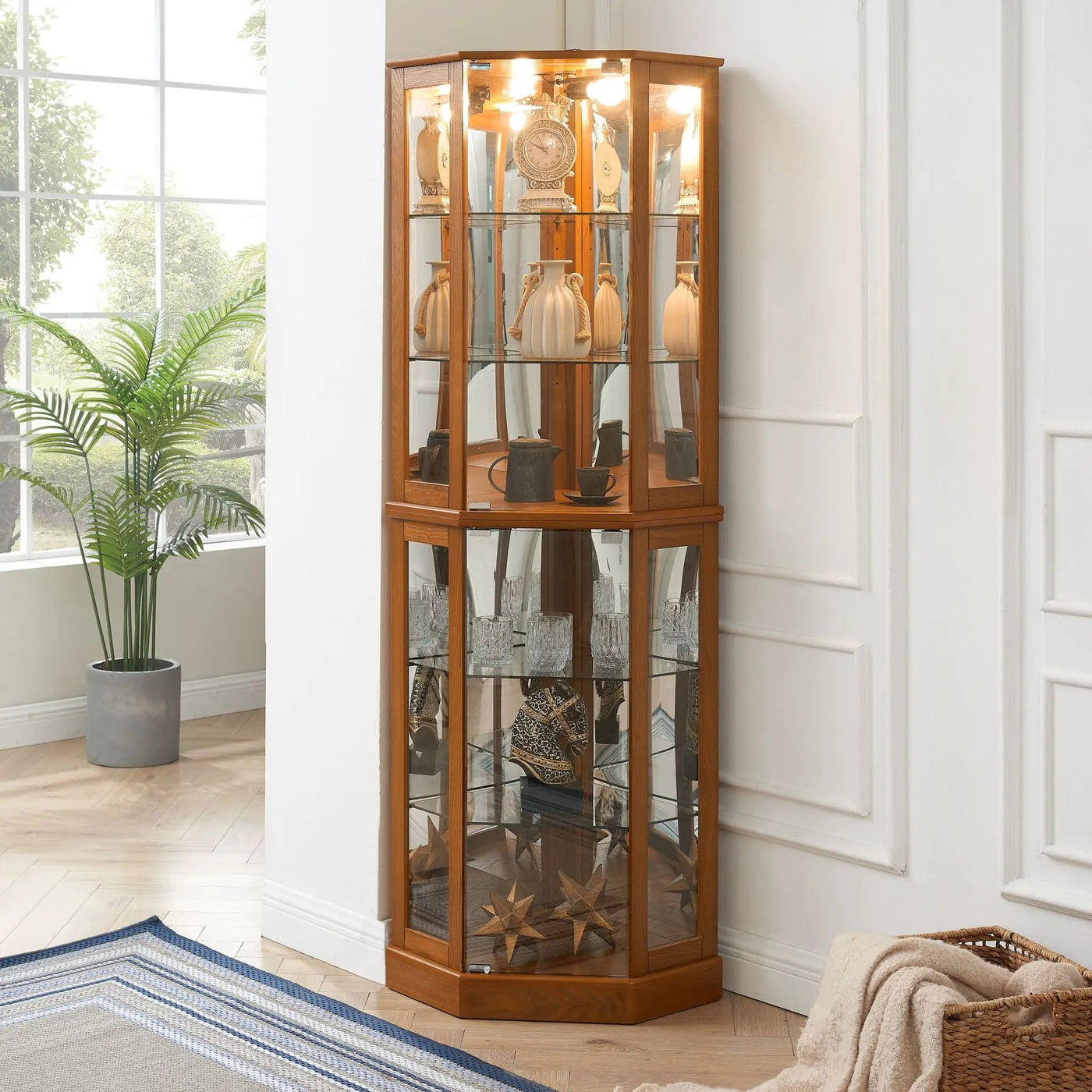 6 Shelf Corner Curio Display Cabinet With Lights, Mirrors And Adjustable Shelves by HouseOfZazla