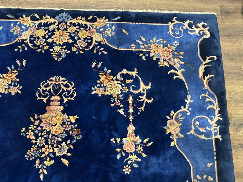 Blue Chinese Art Deco Rug 9x12, Vintage Antique Chinese Wool Rug, Chinese Fette Rug by Jewel Rugs