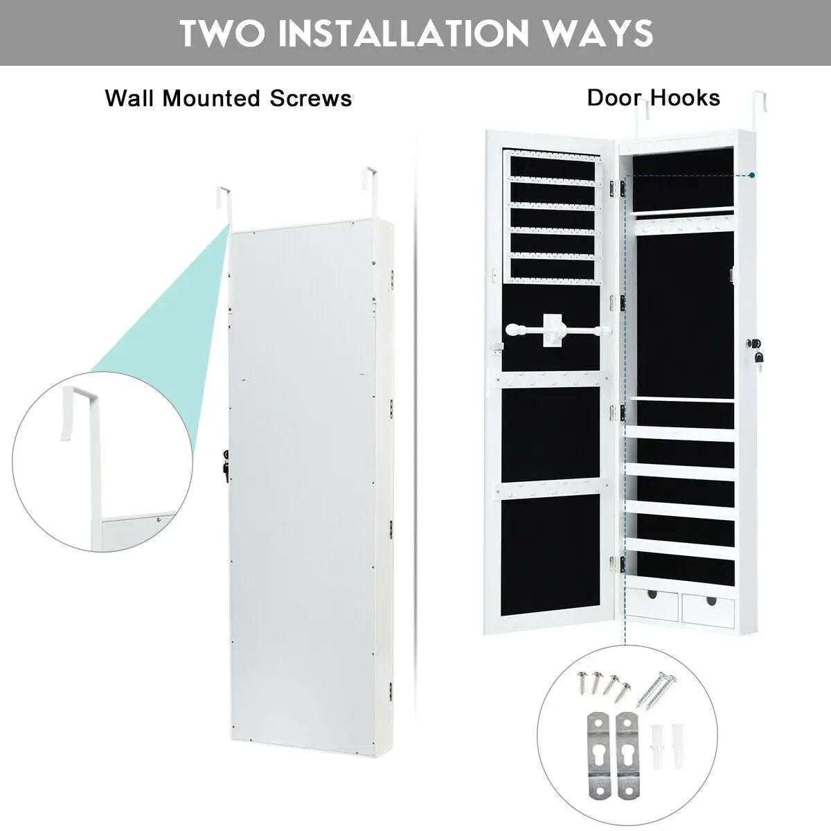 Door Mounted Lockable Mirrored Jewelry Cabinet with LED Lights by DirectDeals