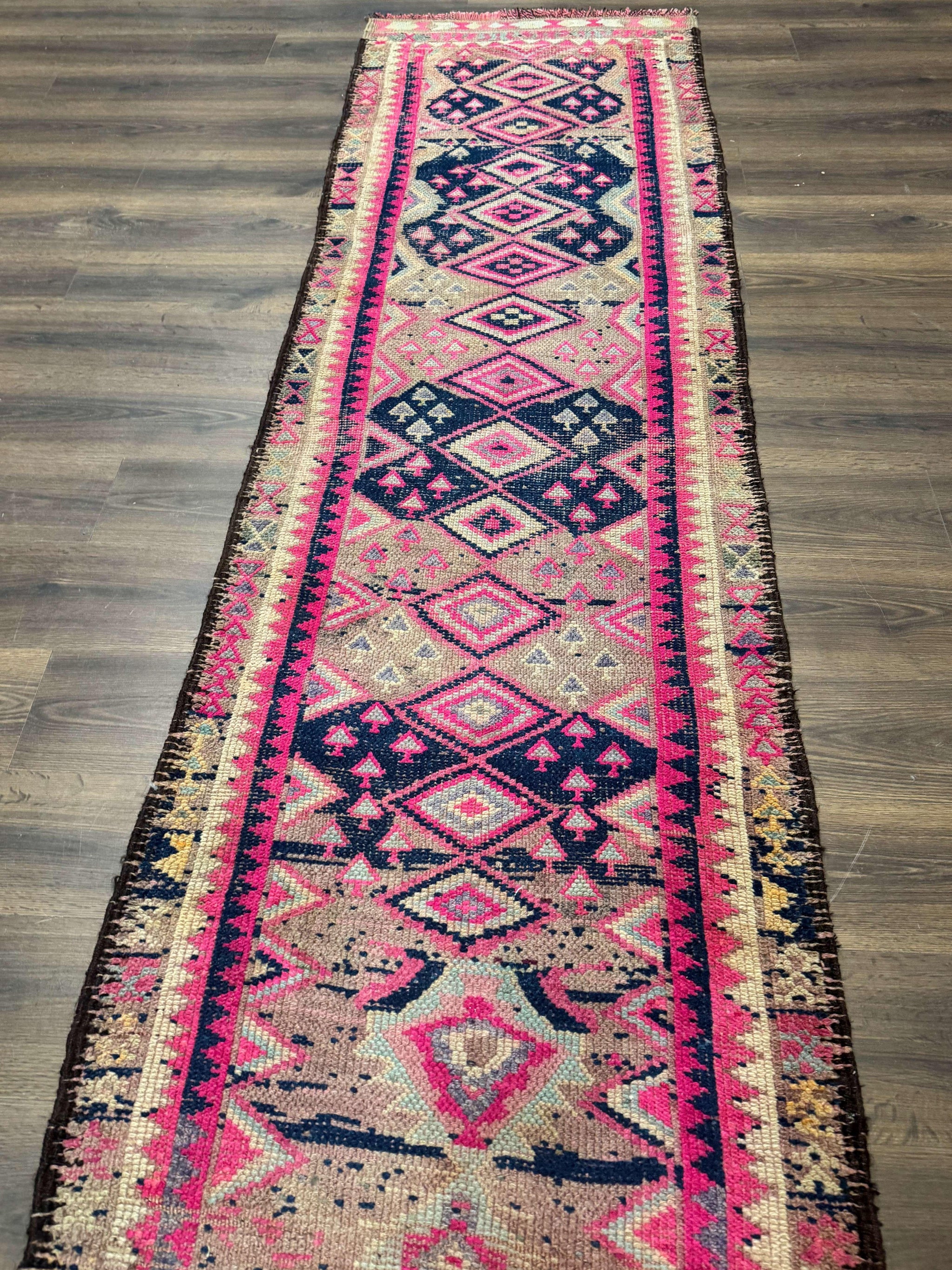 Turkish Runner Rug 3x10, Pink and Navy Blue, Bohemian Runner for Hallway or Kitchen, Vintage, Geometric, Tribal by Jewel Rugs