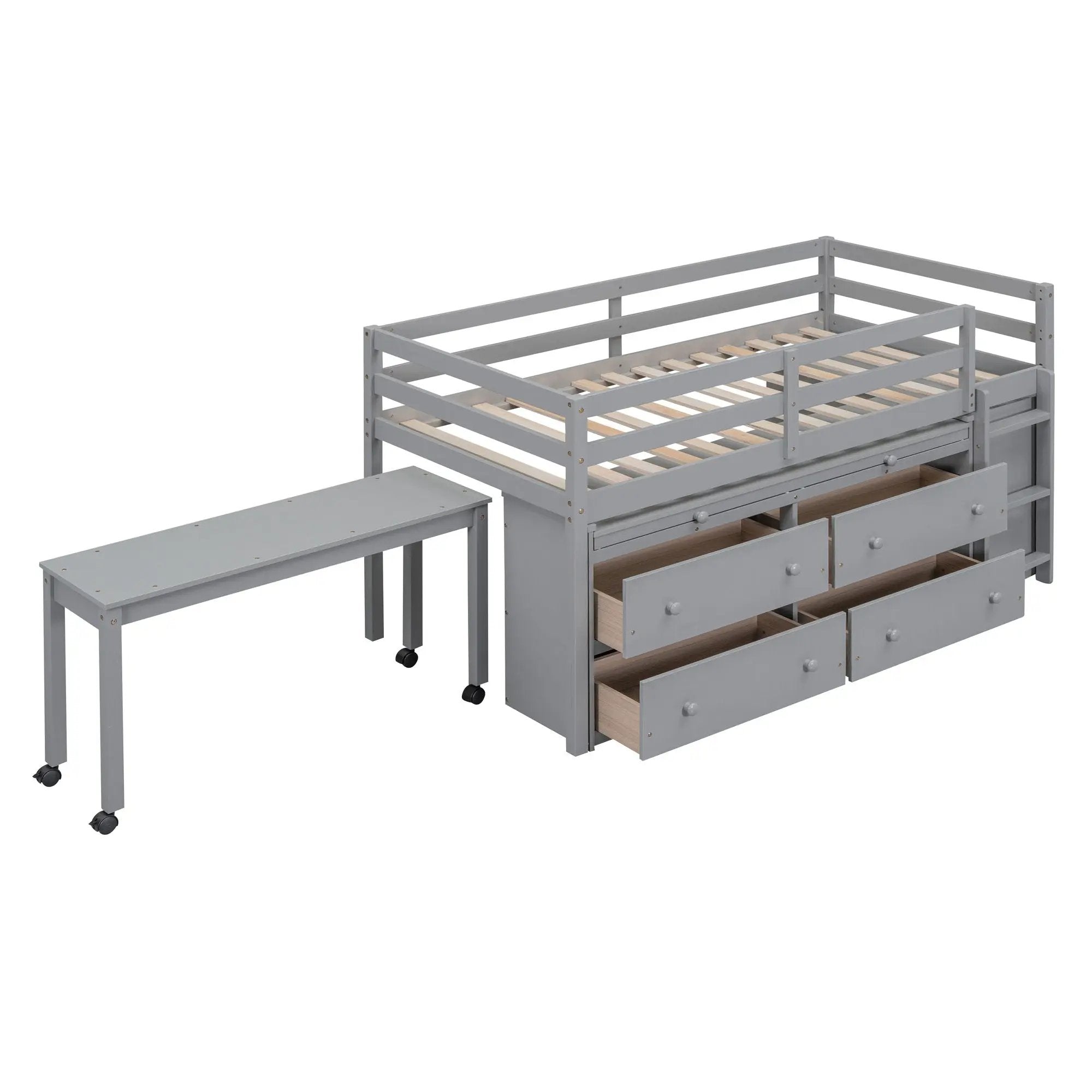Loft Bed With Retractable Writing Desk And 4 Drawers, With Lateral Portable Desk And Shelves by HouseOfZazla