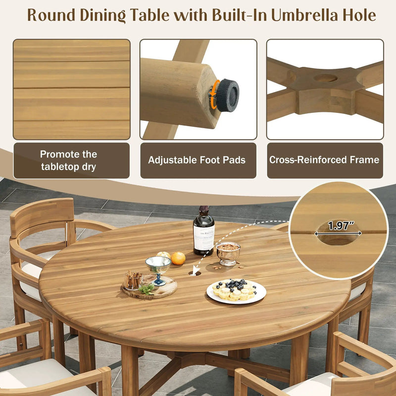 5 Piece Round Patio Table & Cushioned Armrest Chairs, Outdoor Dining Set With Umbrella Hole by HouseOfZazla