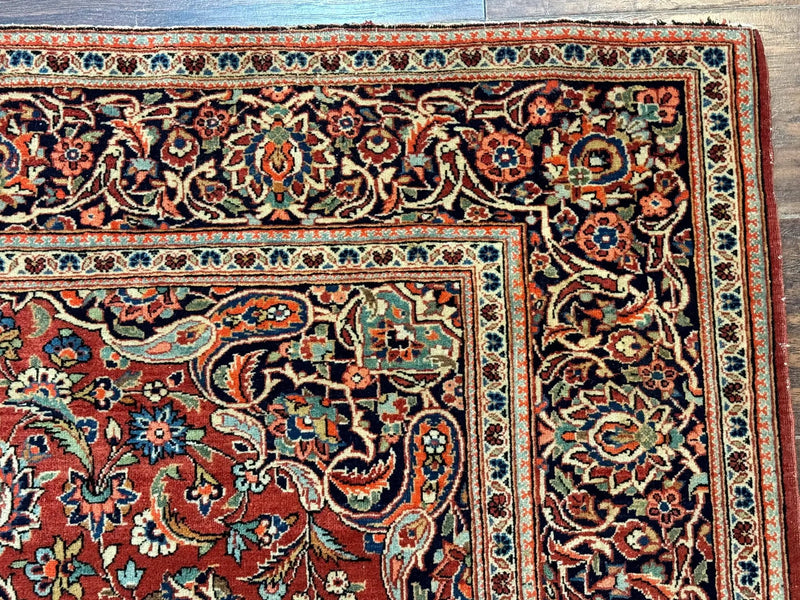 Persian Kashan Rug 4x7, Red and Navy Blue, Floral Antique Carpet by Jewel Rugs