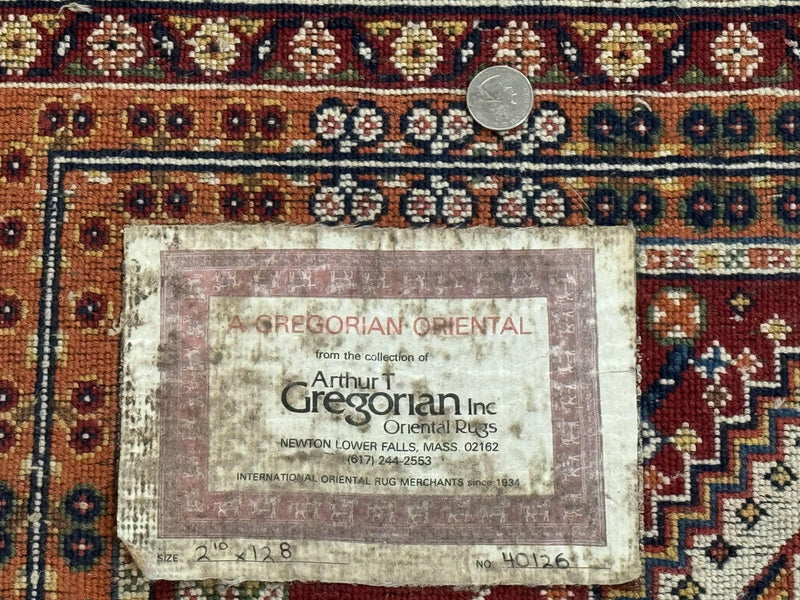 Antique Persian Qashqai Runner Rug 3 x 13 ft, Tribal Runner, Geometric Medallions, Red Ivory Blue, Wool by Jewel Rugs