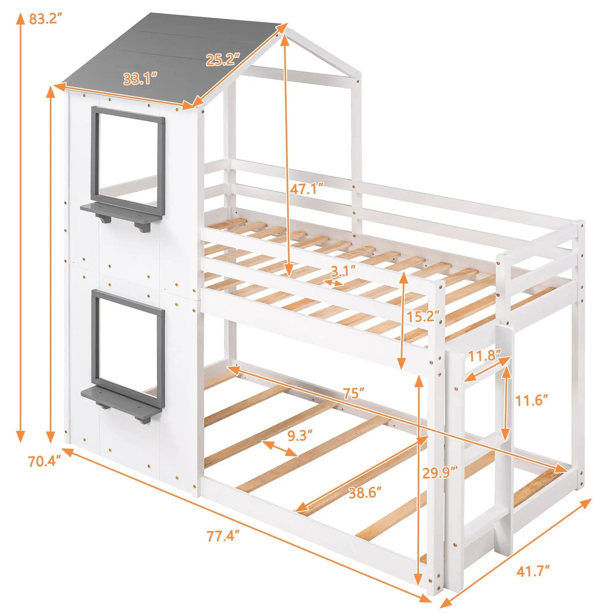 Bunk Bed Wood Bed & Roof, Window, Guardrail, Ladder