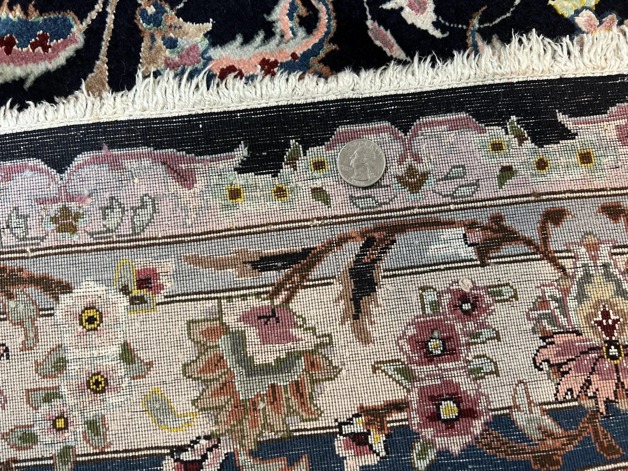 Magnificent Persian Tabriz Rug 11x16, Oversized Persian Carpet 11 x 16 ft, Wool on Silk Finely Hand Knotted, 450 KPSI, Floral Medallion, Black Pink by Jewel Rugs
