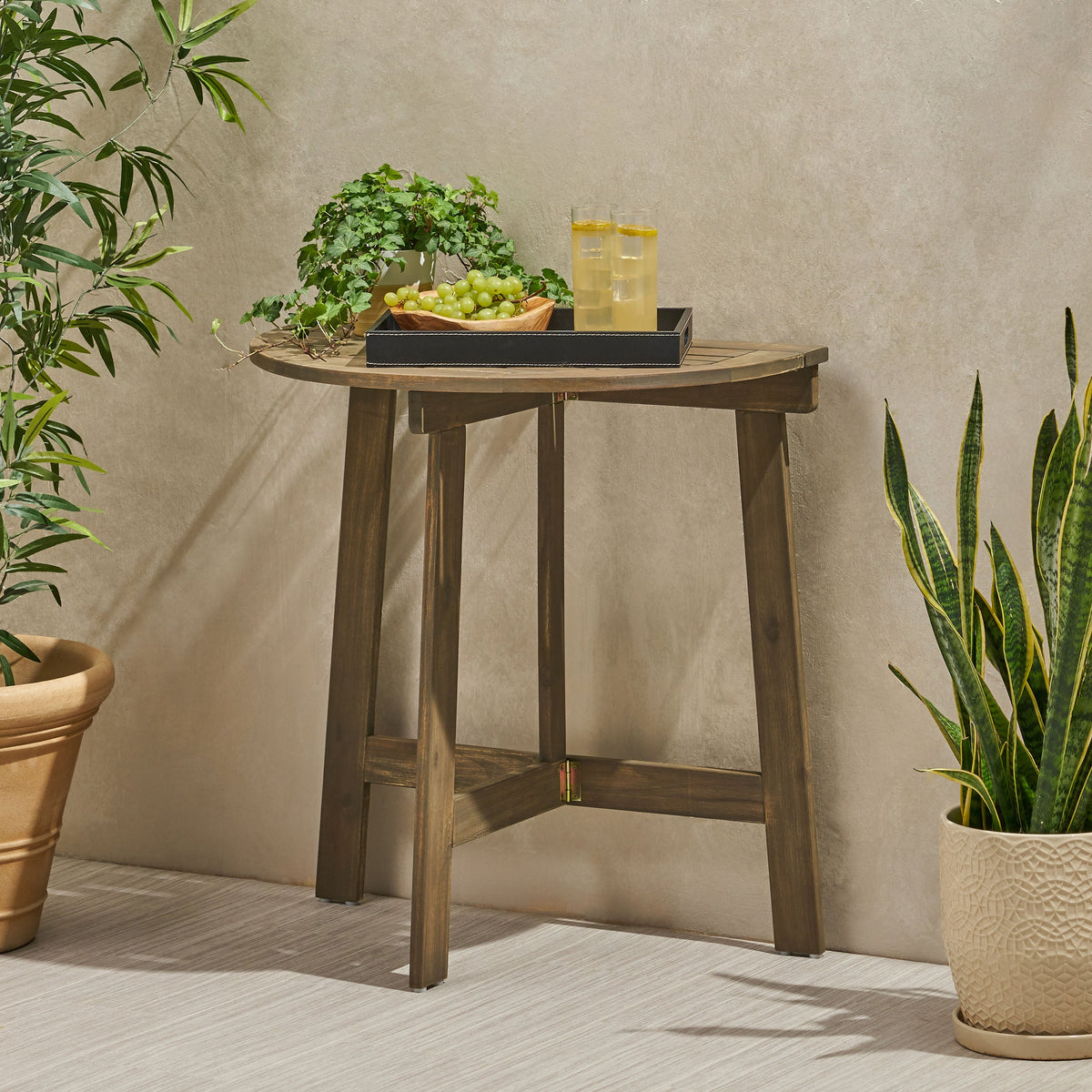 Acacia Wood Outdoor Half-Round Folding Bistro Table with Folding Design - Grey or Natural