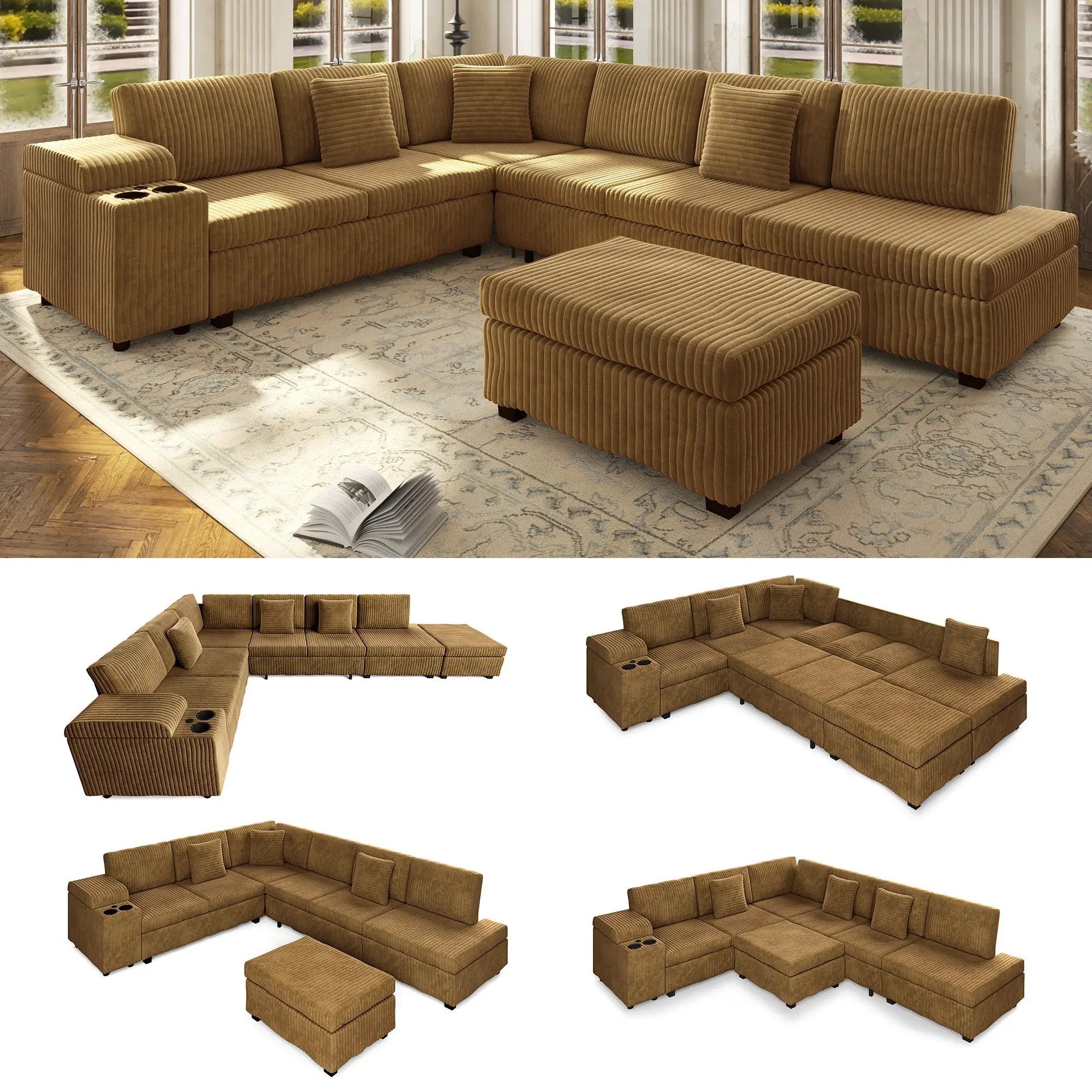 110.2" L-Shaped Sectional Sofa Set with Removable Ottoman in Camel by HouseOfZazla