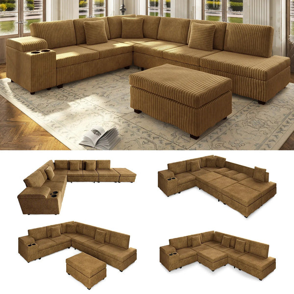 110.2" L-Shaped Sectional Sofa Set with Removable Ottoman in Camel