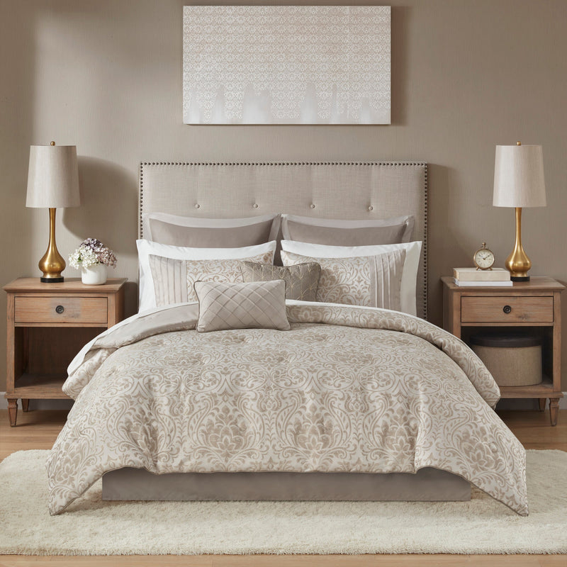 12 Piece Jacquard Comforter Set with Bed Sheets - Khaki Cal King, photo 5 of 10