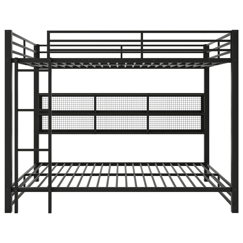 Queen Over Queen Bunk Bed With Storage Cabinets And LED Sturdy Frame, 6 Storage Units, Adjustable LED Lights - Black by HouseOfZazla