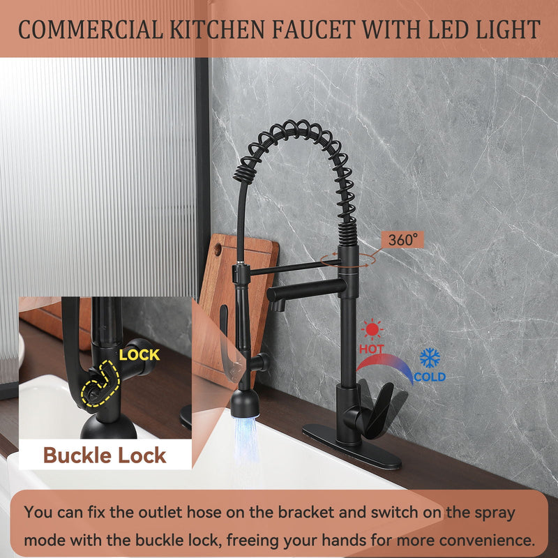 Kitchen Sink Faucet With LED Pull Down Sprayer, Single Handle High Arc Faucet, Dual Spouts, Deck Mount - Matte Black by HouseOfZazla