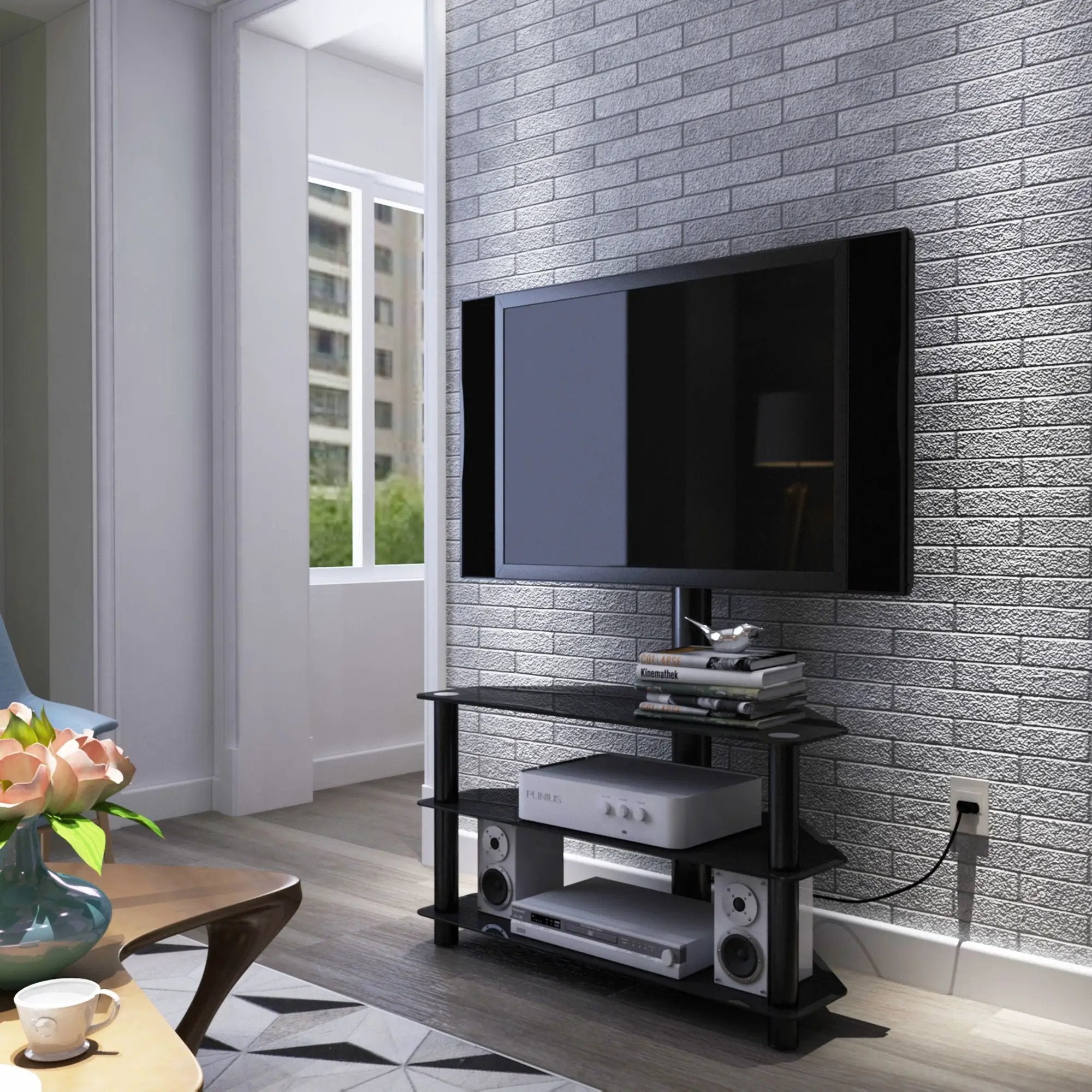 43.3" Multi-Function TV Stand Height Adjustable Bracket Swivel 3 Tier - Black by Unique Piece Furniture