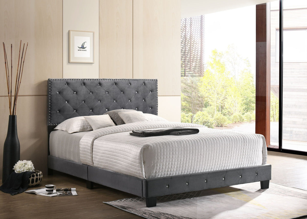 Luxurious Upholstered Bed with Faux Crystal Tufted Headboard - Multiple Colors