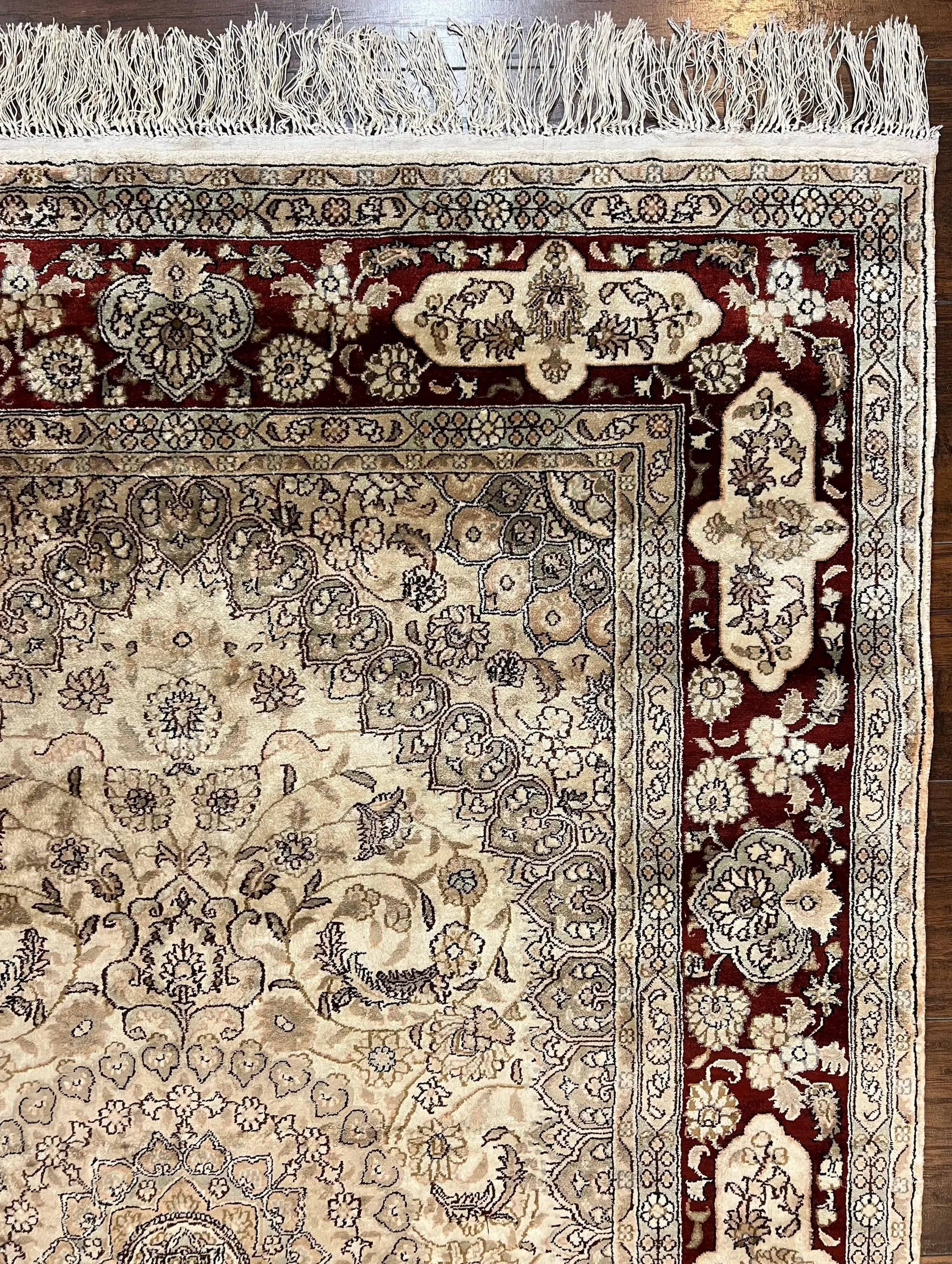 Silk Indian Kashmiri Rug 4x6 ft, Floral Medallion Hand Knotted Handmade Oriental Carpet, Vintage, Cream Burgundy, Very Fine Silk Rug 4 x 6 by Jewel Rugs