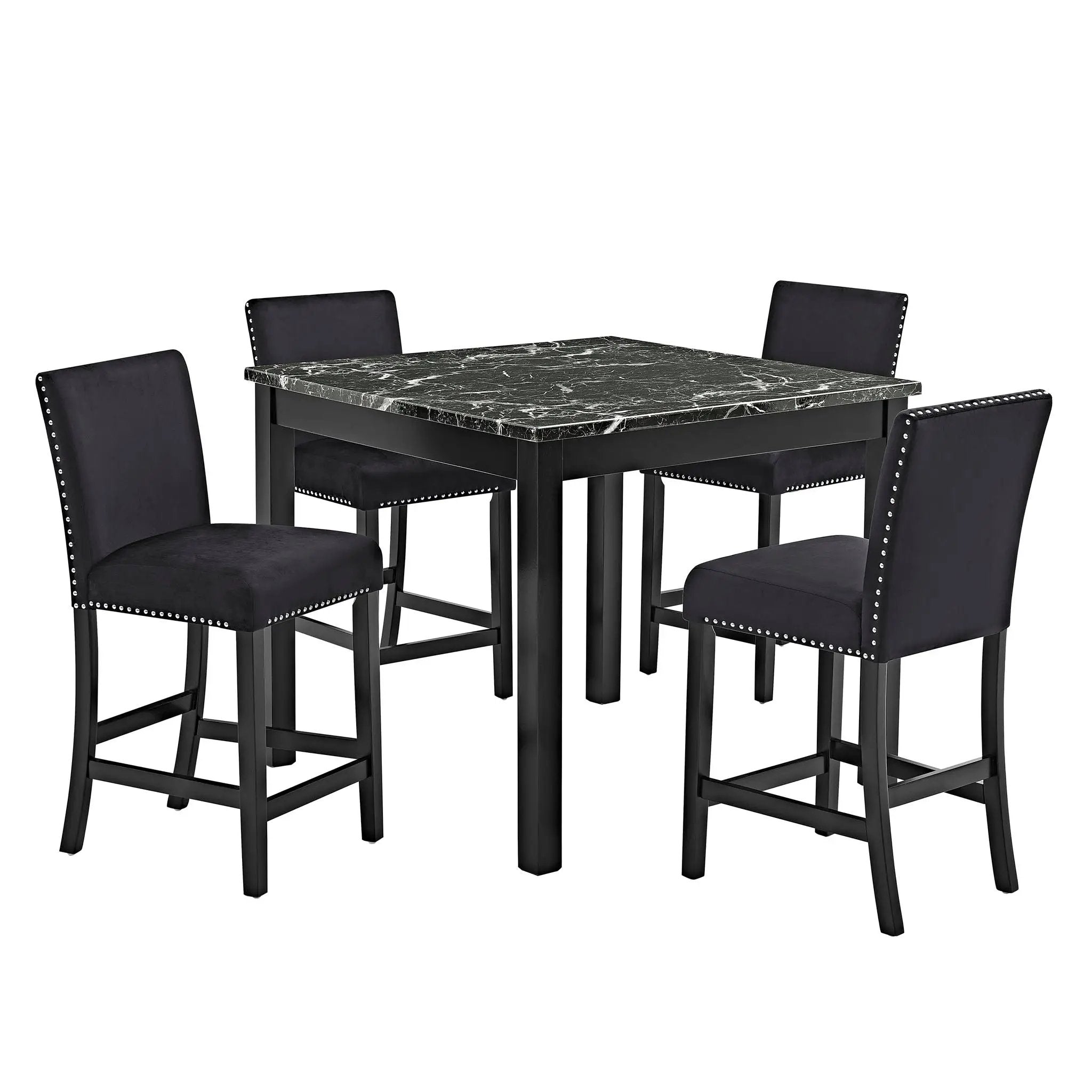 5 Piece Counter Height Dining Set With Table, Tufted Nail Head Chairs - Black