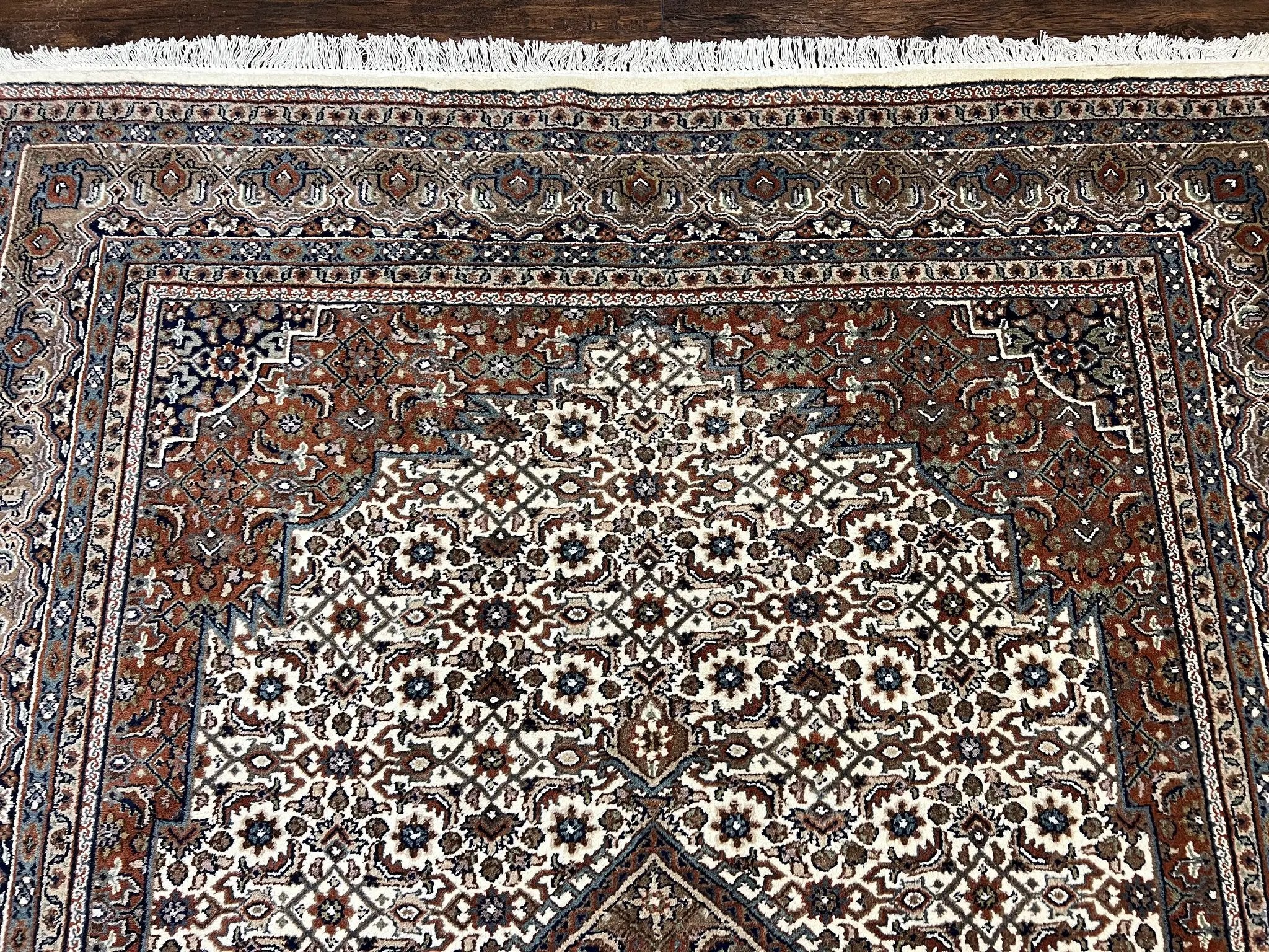 Indo Persian Rug 7x10 ft, Hand Knotted Wool Vintage Oriental Carpet 7 x 10, Traditional Handmade Herati Bidjar Cream Rug, Medallion Rug by Jewel Rugs