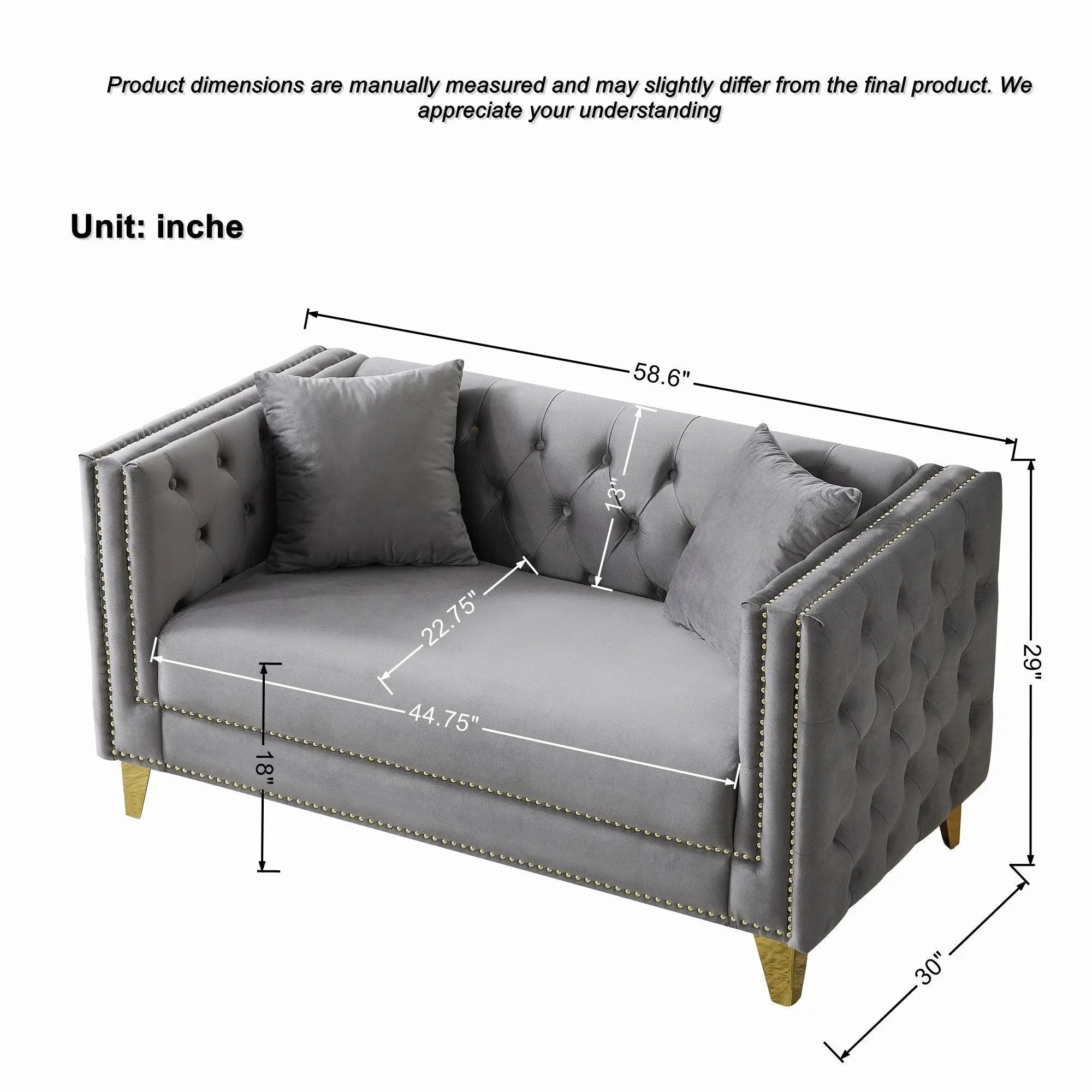 2 Seater Deep Seat Sofa With Button Nailhead, Square Arm by HouseOfZazla