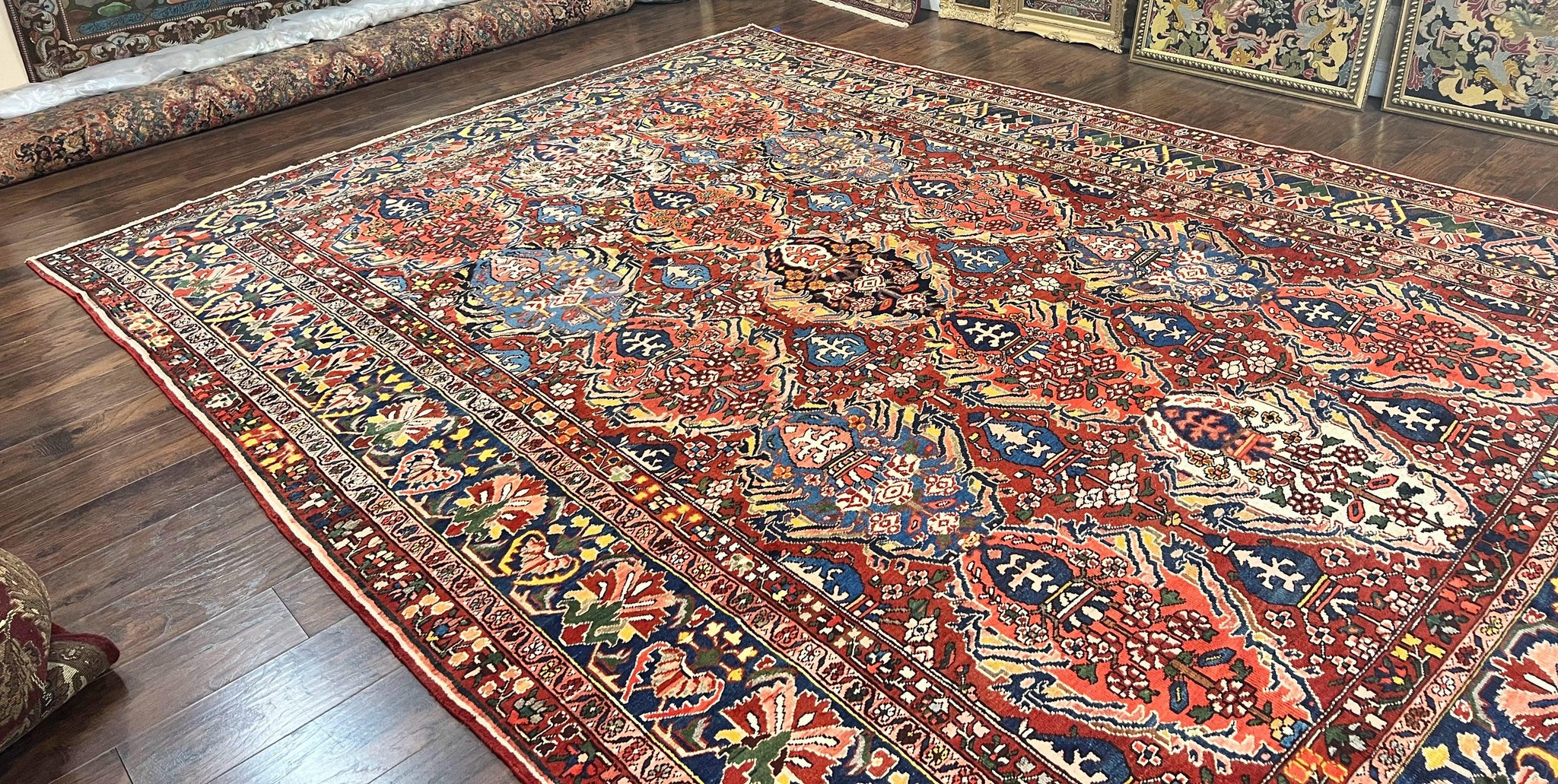 Large Persian Bakhtiari Rug 10x14, Rare Perisan Tribal Rug, Red Blue Ivory Multicolor, Hand Knotted, Semi Antique Carpet by Jewel Rugs