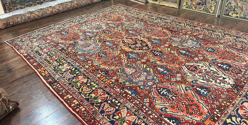 Large Persian Bakhtiari Rug 10x14, Rare Perisan Tribal Rug, Red Blue Ivory Multicolor, Hand Knotted, Semi Antique Carpet by Jewel Rugs