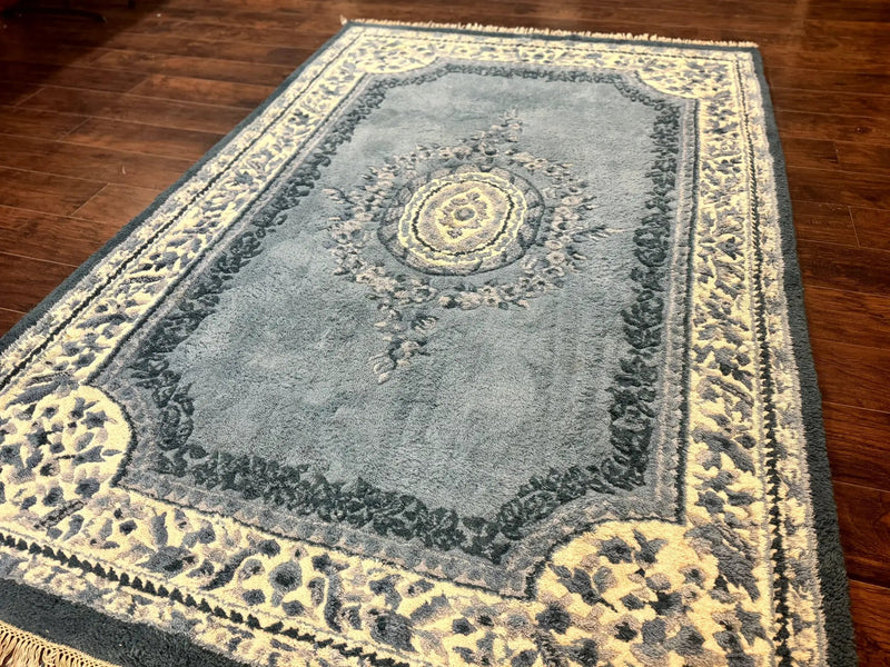 Indo Chinese Aubusson Rug 6x9, Light Blue and Ivory, Handmade Vintage Wool Carpet by Jewel Rugs