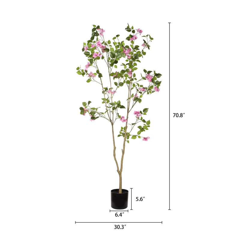 Artificial Bougainvillea Tree With Pot, Realistic Faux Flowering Plant Leaves And Blooms, Decor For Home Office - Green Leaves / Pink by HouseOfZazla