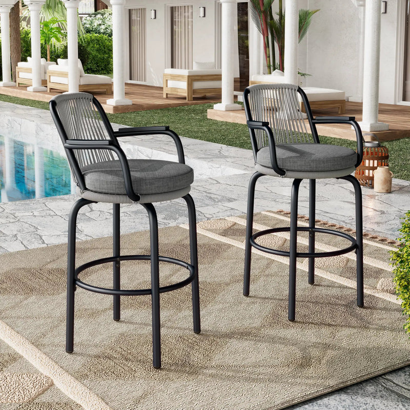 Outdoor Patio Bar Stools 29"H Set of 2, Modern Woven Rattan Rope Bar Height Chair by HouseOfZazla