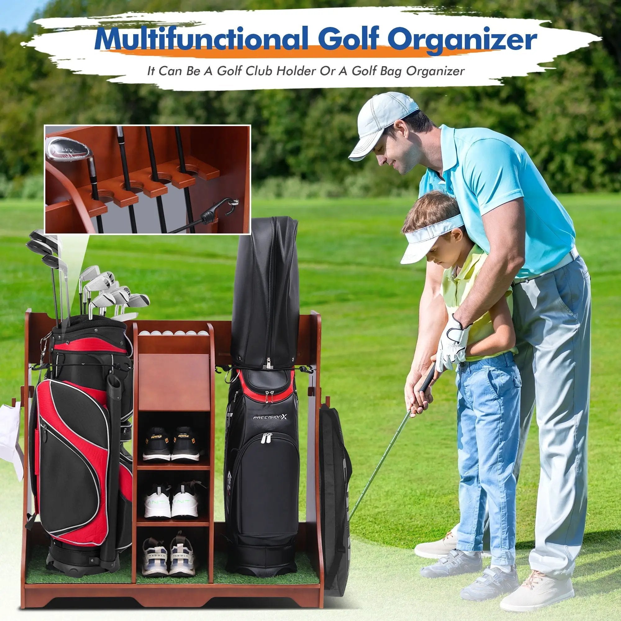 Wood Freestanding Adjustable Multi Use Golf Shelf - Reddish Brown by HouseOfZazla