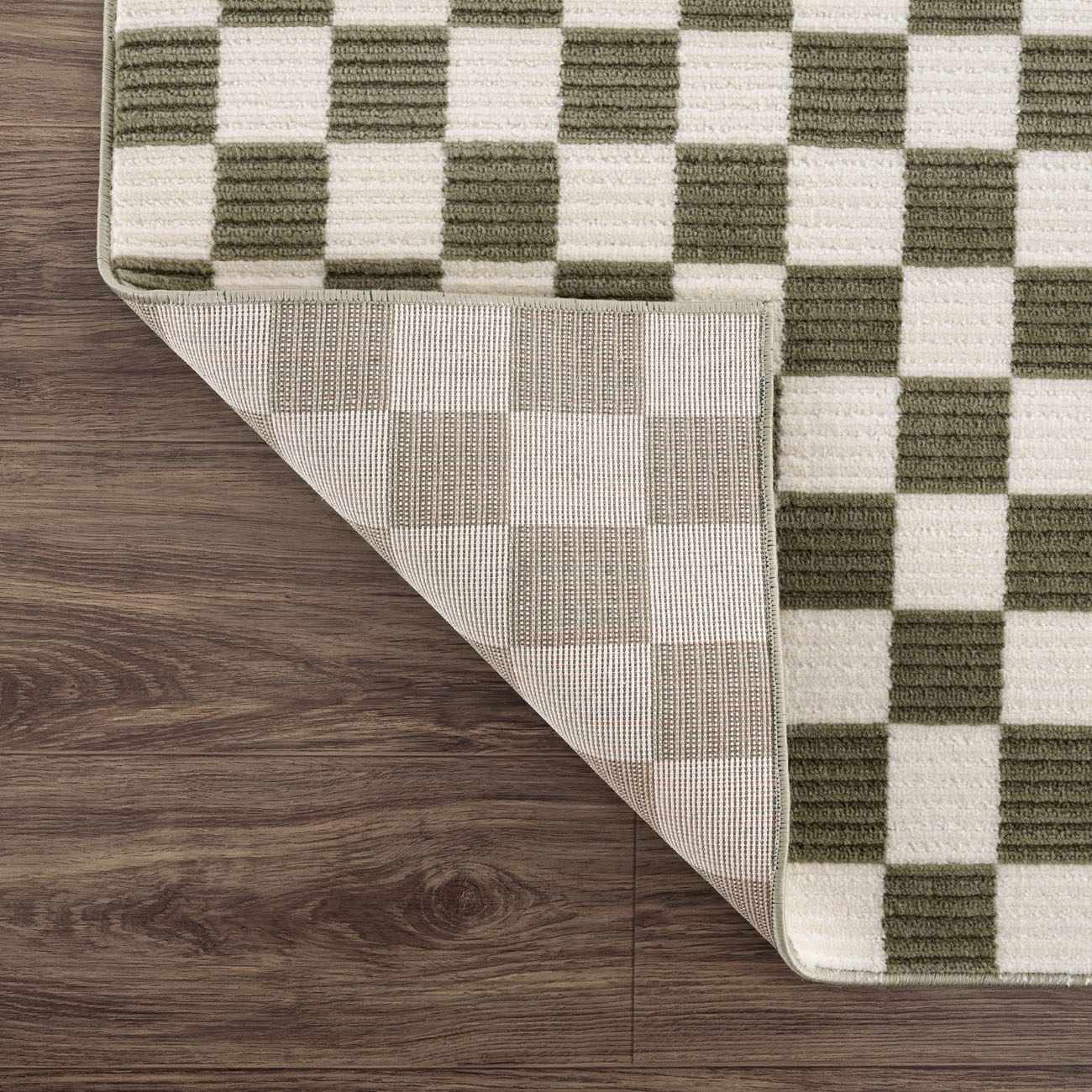 Kaysar Olive Green Checkered Washable Area Rug by Boutique Rugs