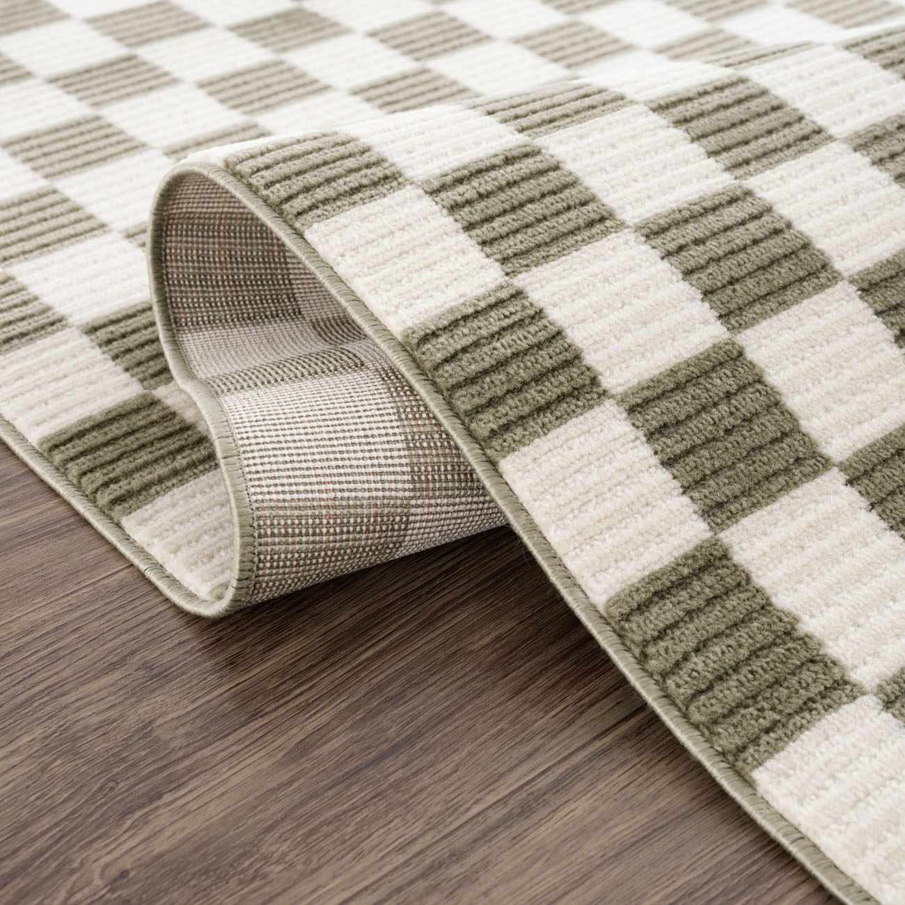 Kaysar Olive Green Checkered Washable Area Rug by Boutique Rugs