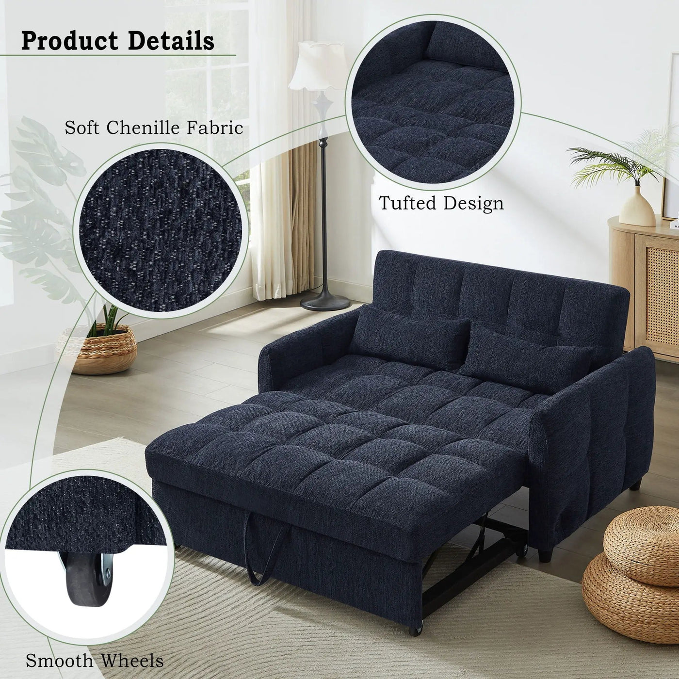 Loveseat Sofa Pull-Out Bed With Adjustable Backrest, 3 USB Ports And 2 Lumbar Pillows For Living Room by Unique Piece Furniture