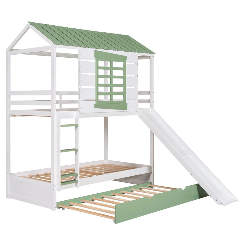 Twin Over Twin House Bunk Bed With Convertible Slide And Trundle - White by HouseOfZazla