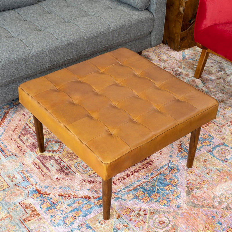 Tufted Square Genuine Upholstered Ottoman with High-Density Foam - Light Brown, photo 4 of 7