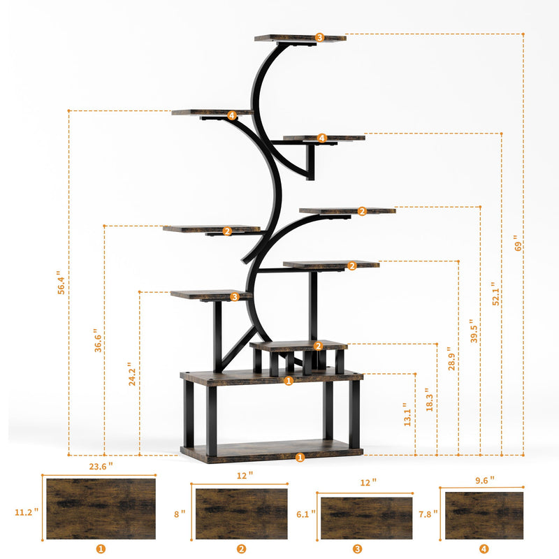 S - Shaped, 10 Tier Plant Stand With 5 Grow Lights - Deep Rustic Brown by HouseOfZazla