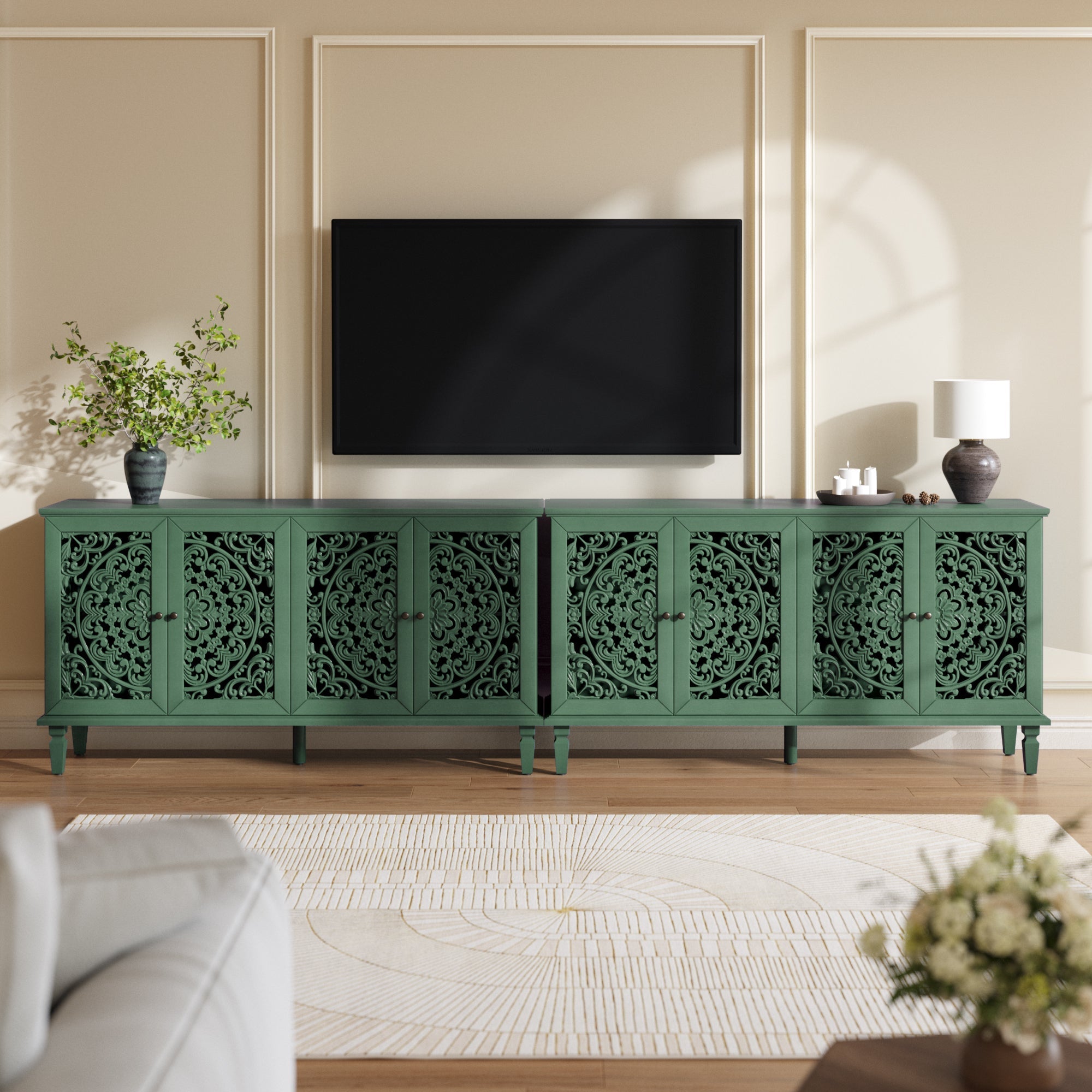 60' Antique Buffet Cabinet with Floral Carvings by HouseOfZazla