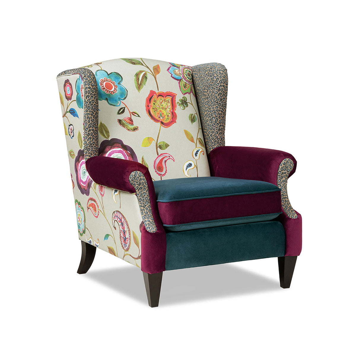 Anya Boho Chic Wingback Accent Arm Chair with Floral Print - Blue or Teal Multi, photo 6 of 10
