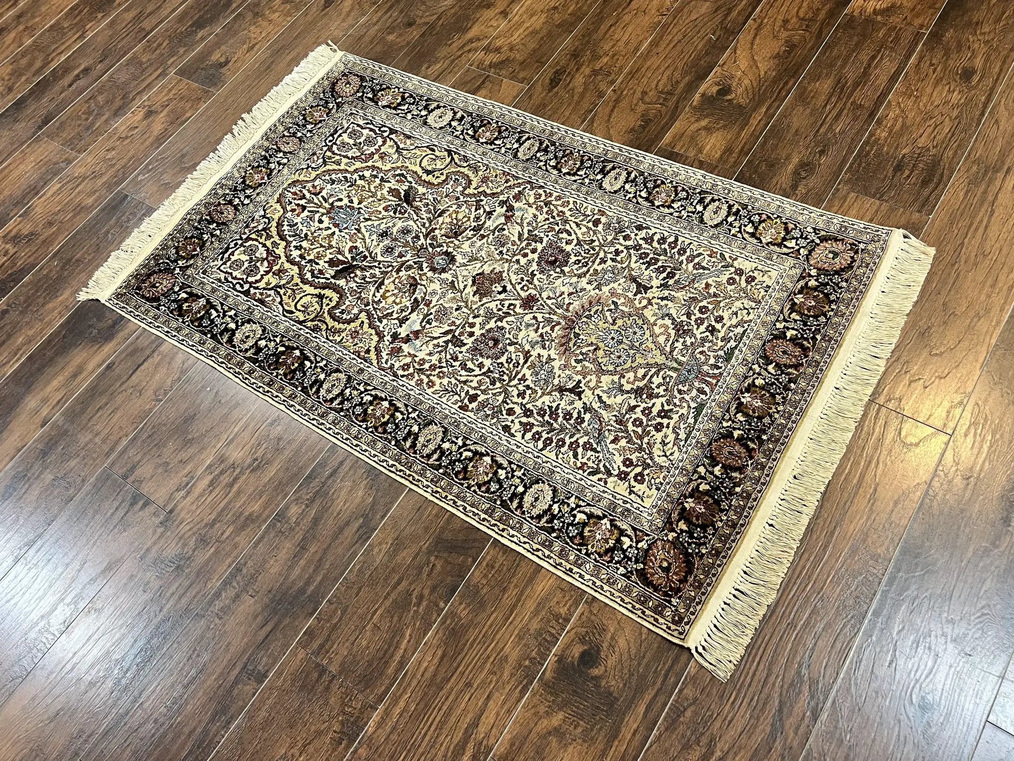 Turkish Kayseri Silk Rug 3x5, Tree of Life Silk Oriental Carpet, Birds Persian Vase Design, Hand Knotted Vintage Fine Rug, 340 KPSI by Jewel Rugs