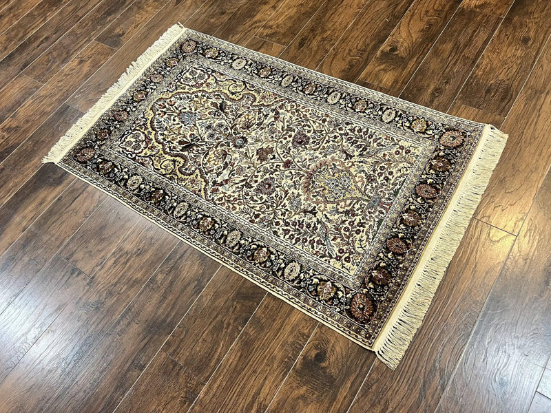 Turkish Kayseri Silk Rug 3x5, Tree of Life Silk Oriental Carpet, Birds Persian Vase Design, Hand Knotted Vintage Fine Rug, 340 KPSI by Jewel Rugs