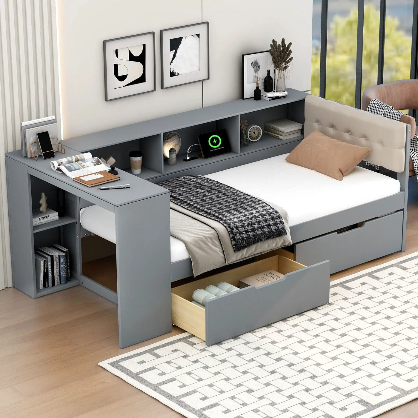 Upholstered Headboard Platform Bed With Storage Shelves, Drawers, Charging Station by HouseOfZazla