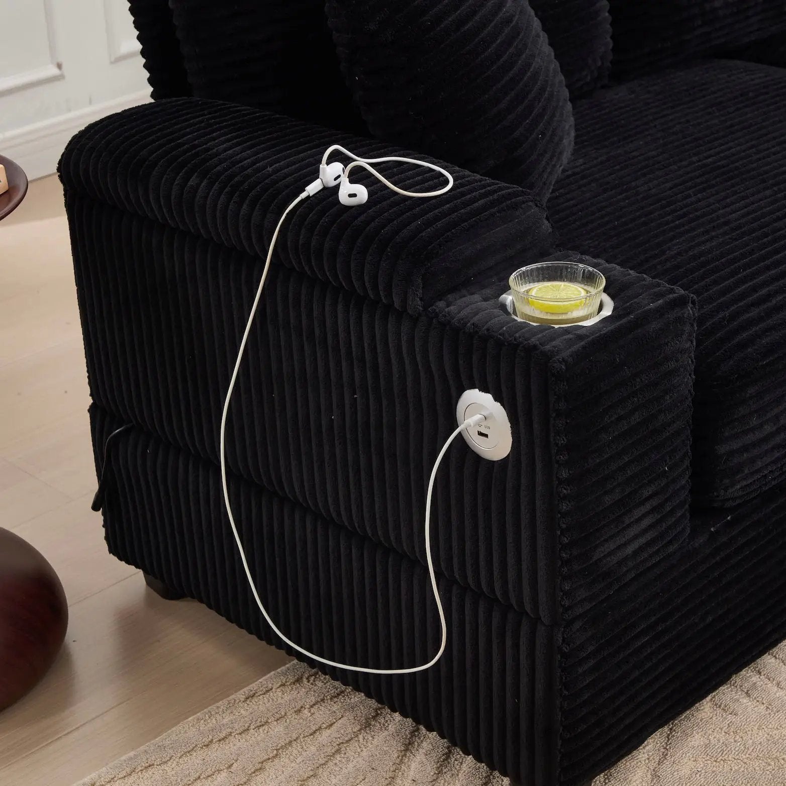 Convertible Sectional Sofa Bed Set With Armrest Storage, Cup Holder, USB - Black by Unique Piece Furniture