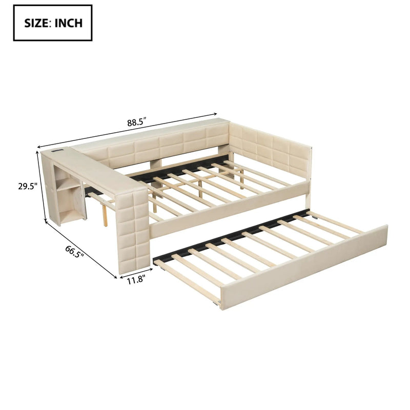 Upholstered Platform Bed With Storage Shelves, Desk, Charging Station And Trundle by Unique Piece Furniture