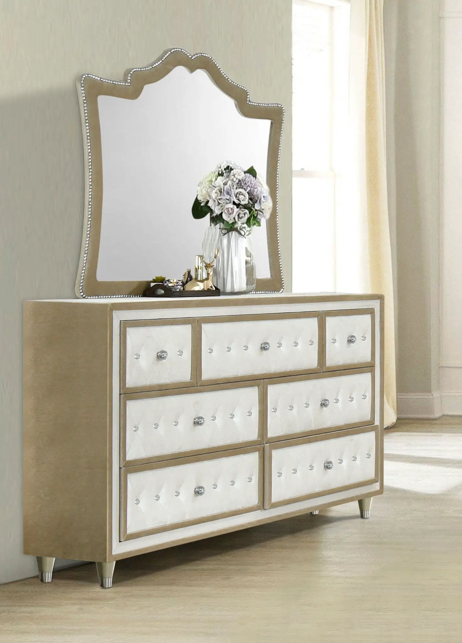 Antonella 7-drawer Upholstered Dresser with Mirror Ivory by Unique Piece Furniture