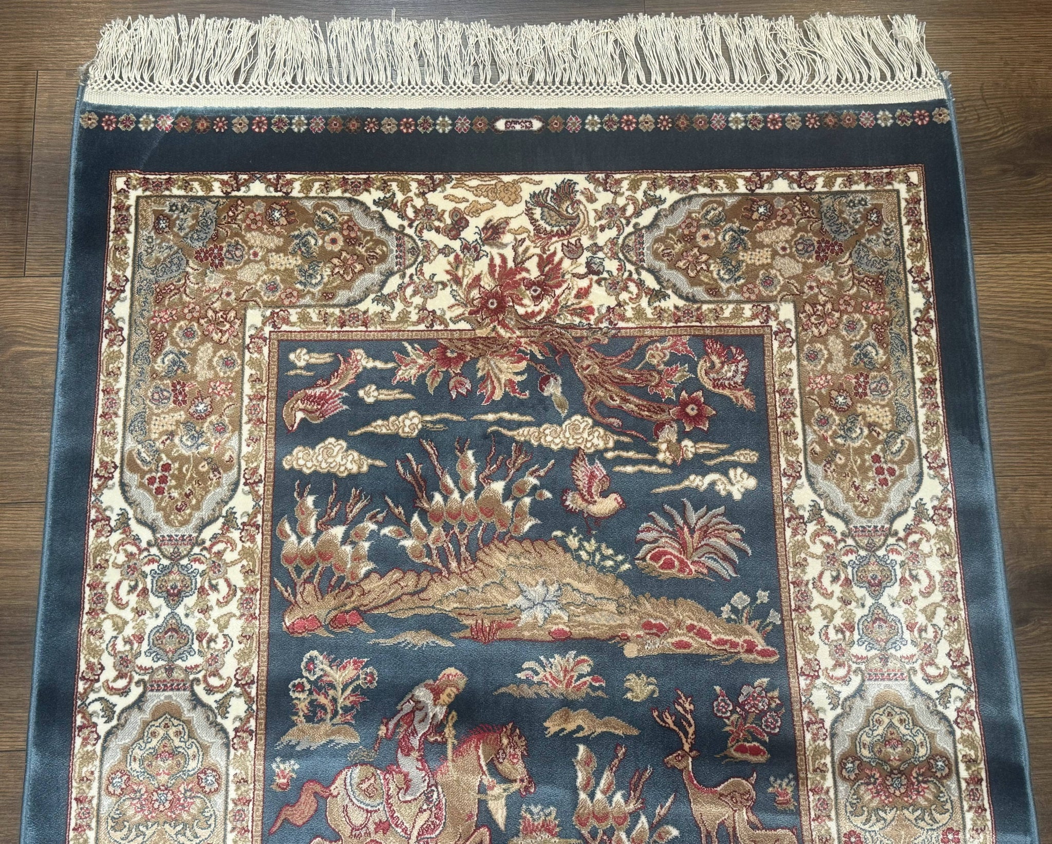 Turkish Silk Hunting Scene Rug 2.6 x 5, Dark Steel Blue & Ivory, Bamboo Silk, New by Jewel Rugs