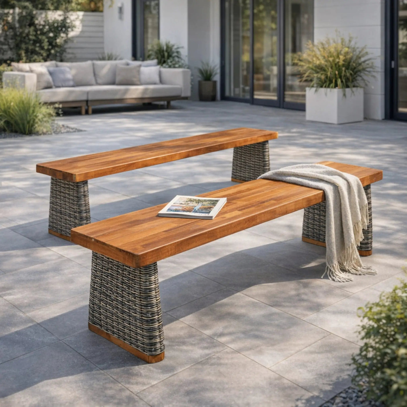 Outdoor Acacia Wood Bench Set of 2 with Teak Finish by HouseOfZazla