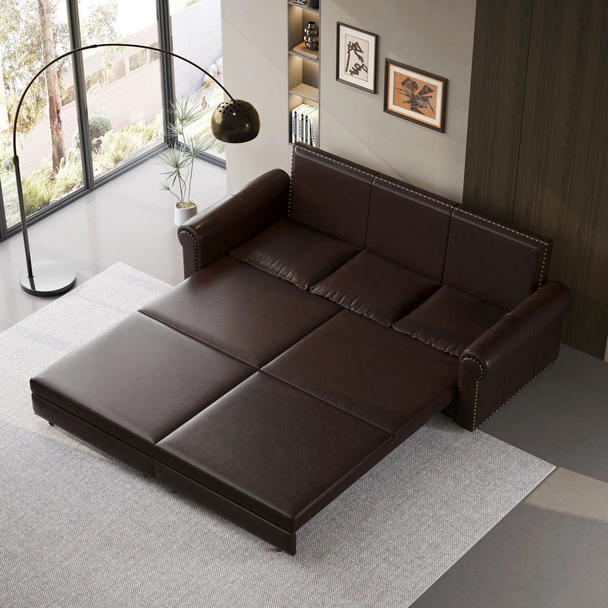 3 In 1 Convertible Sleeper Sofa With Nailhead Trim & Rolled Arm