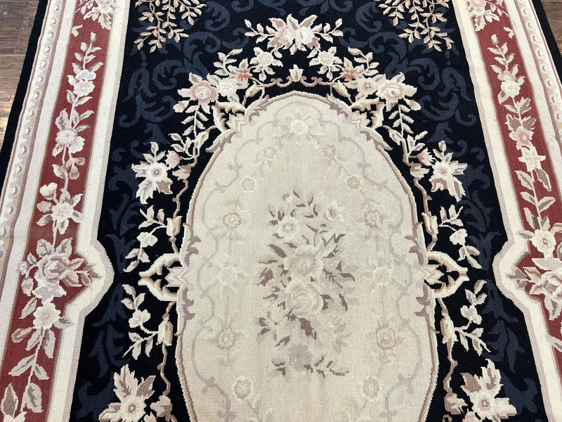 Needlepoint Rug 5x8, Wool Handmade Vintage European Design Carpet, Black & Maroon, French Aubusson Pattern Flatweave Rug by Jewel Rugs